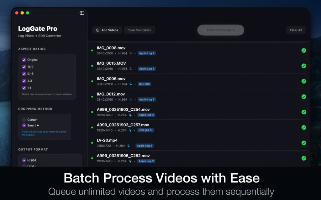 LogGate Pro batch processing queue showing multiple iPhone video clips queued for simultaneous export on Apple Silicon Mac