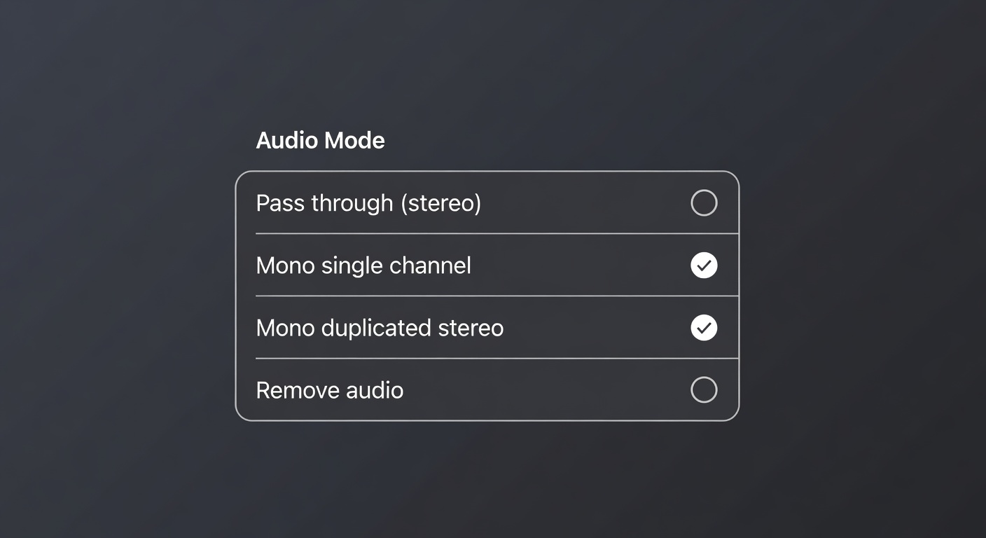 LogGate Pro v1.2 audio mode picker settings screen showing stereo, mono, and silent audio options