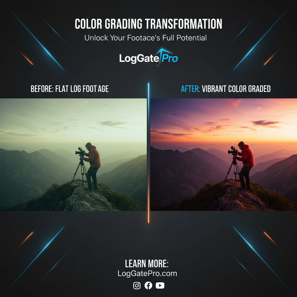Before-and-after color grading comparison showing the transformation from flat log footage to a final cinematic look