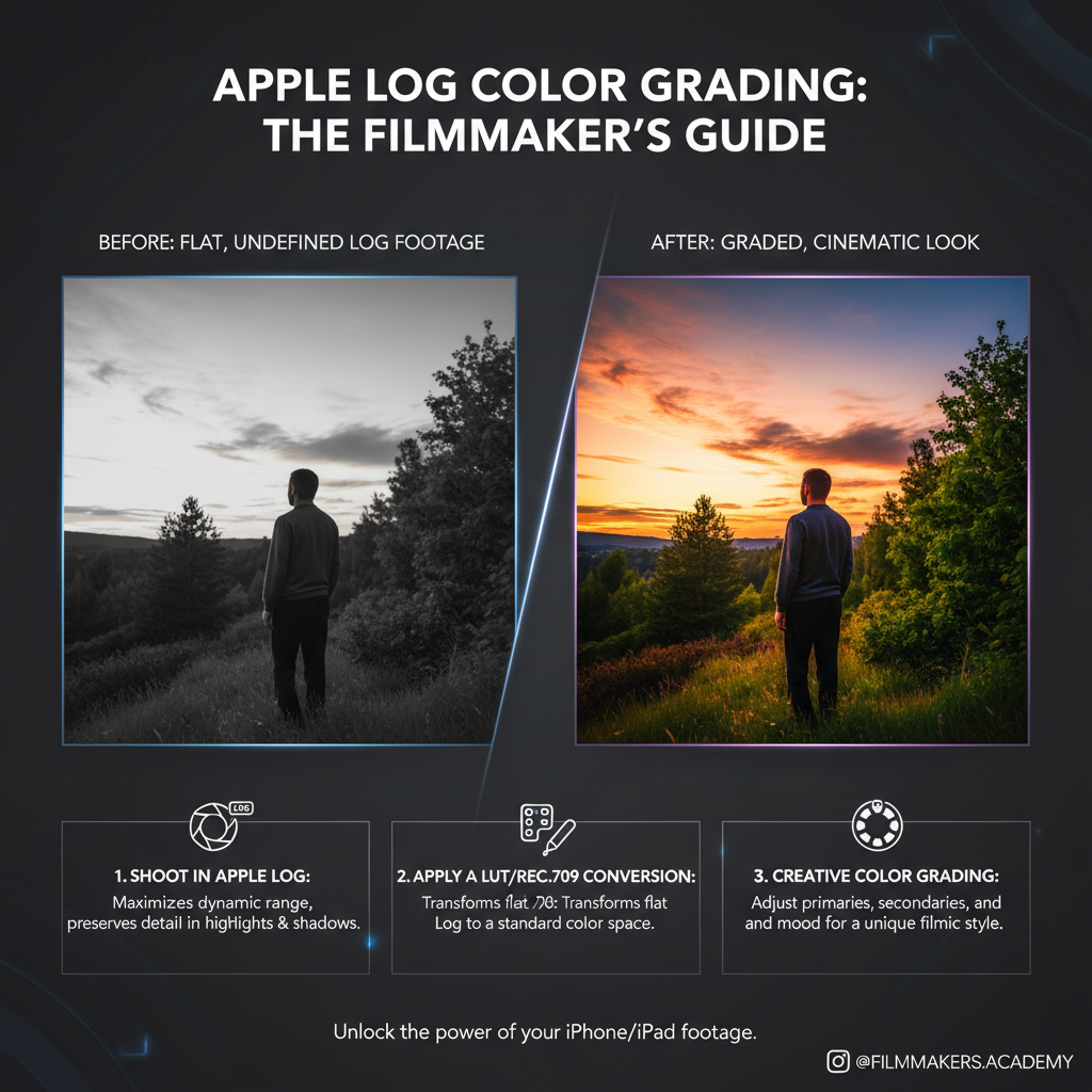 Apple Log workflow infographic — shoot in Apple Log, apply LUT or Rec.709 conversion, then creative color grade