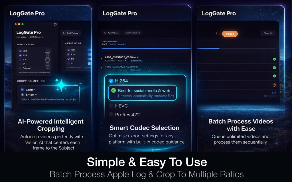 LogGate Pro feature overview showing AI-powered cropping, smart codec selection, and batch video processing on iPhone