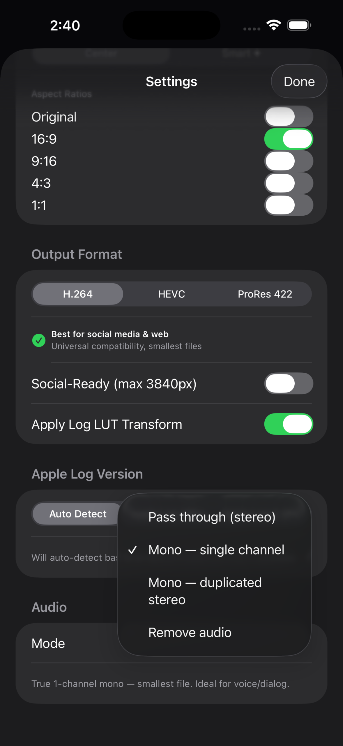 LogGate Pro iPhone settings screen showing codec selection (H.264, HEVC, ProRes 422), aspect ratios, and Apple Log version options