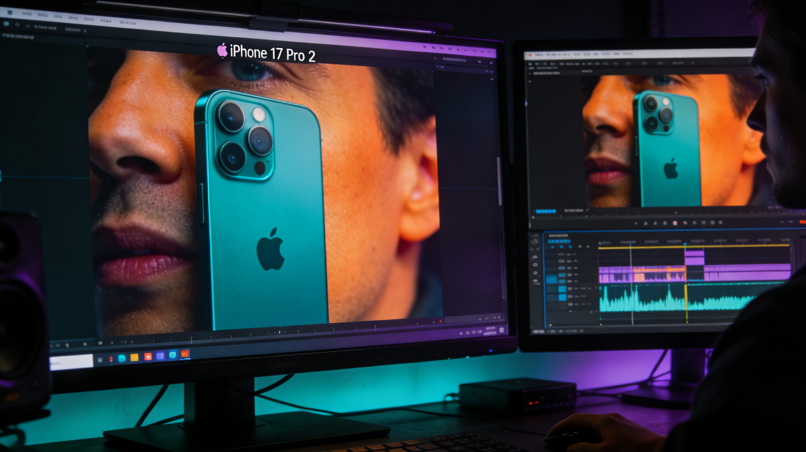 Professional colorist grading Apple Log 2 footage from iPhone 17 Pro on a cinematic workstation with waveform scopes